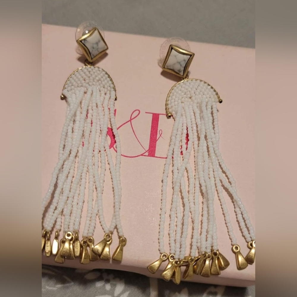 Stella & Dot White Beaded Earrings with Gold Accents